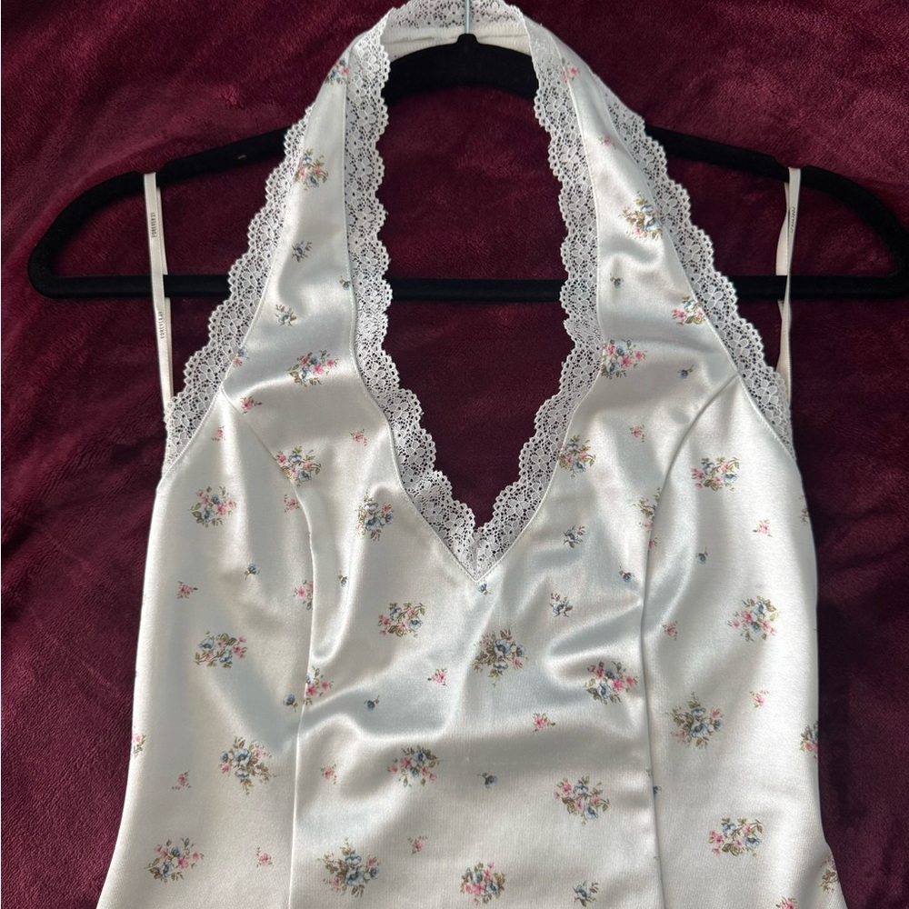 Floral Lace-Trimmed Satin Halter Top